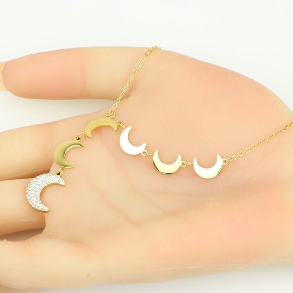 Gold Plated Moon Phase Necklace with Elegant Crescent Charms, XPNL0384 - Picture 5 of 13